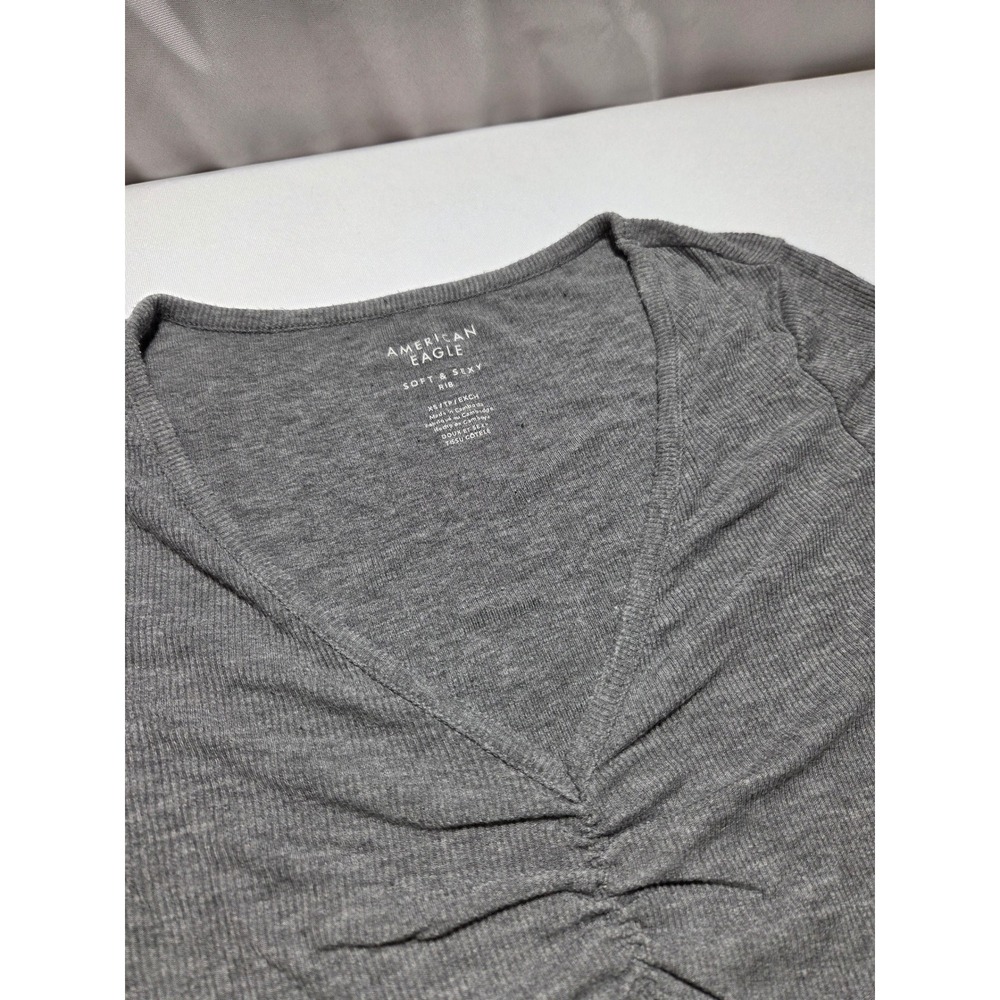 American Eagle Soft & Sexy Ribbed V-Neck‎ Ruched Bust Top Gray XS Short Sleeve